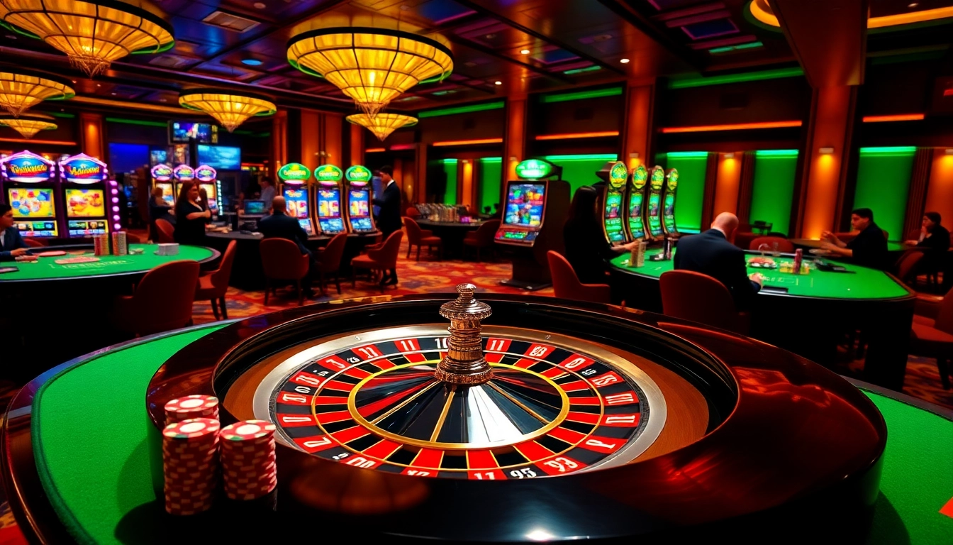 High-stakes gamblers enjoying an exciting game scene at LC88 casino with vibrant tables and roulette.