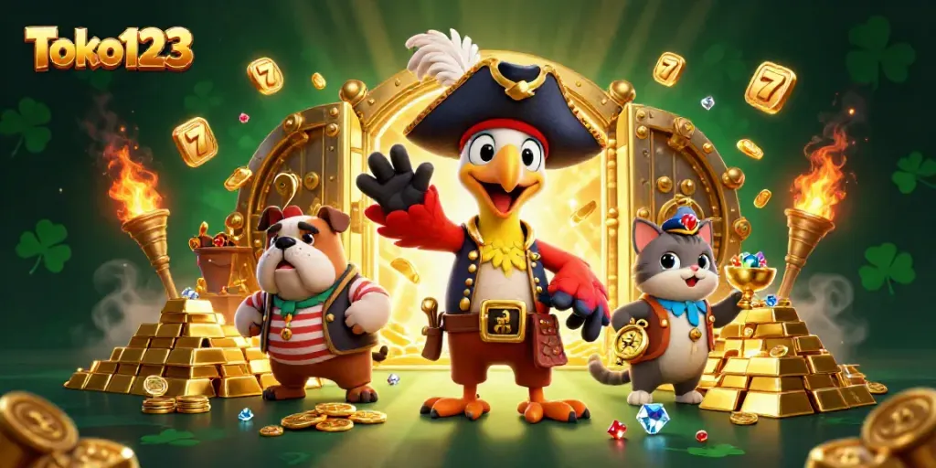 Win big at Toko123 with a vibrant scene of animated pirate characters amid riches and casino themes.