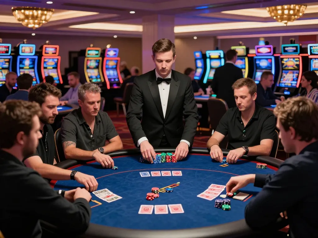 Pemain yang terlibat merencanakan strategi di turnamen poker premium di kasino, menampilkan permainan aman788