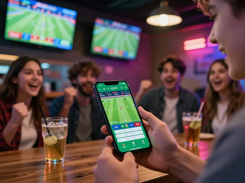 A person engaging with kèo nhà cái mobile betting app during a live football match at a cheerful sports bar.