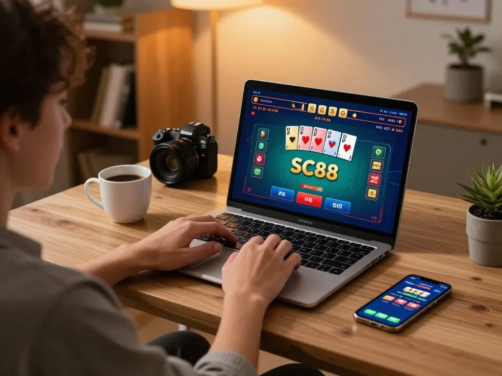 Engaging in SC88 online poker gameplay with modern home setup and vibrant visuals.