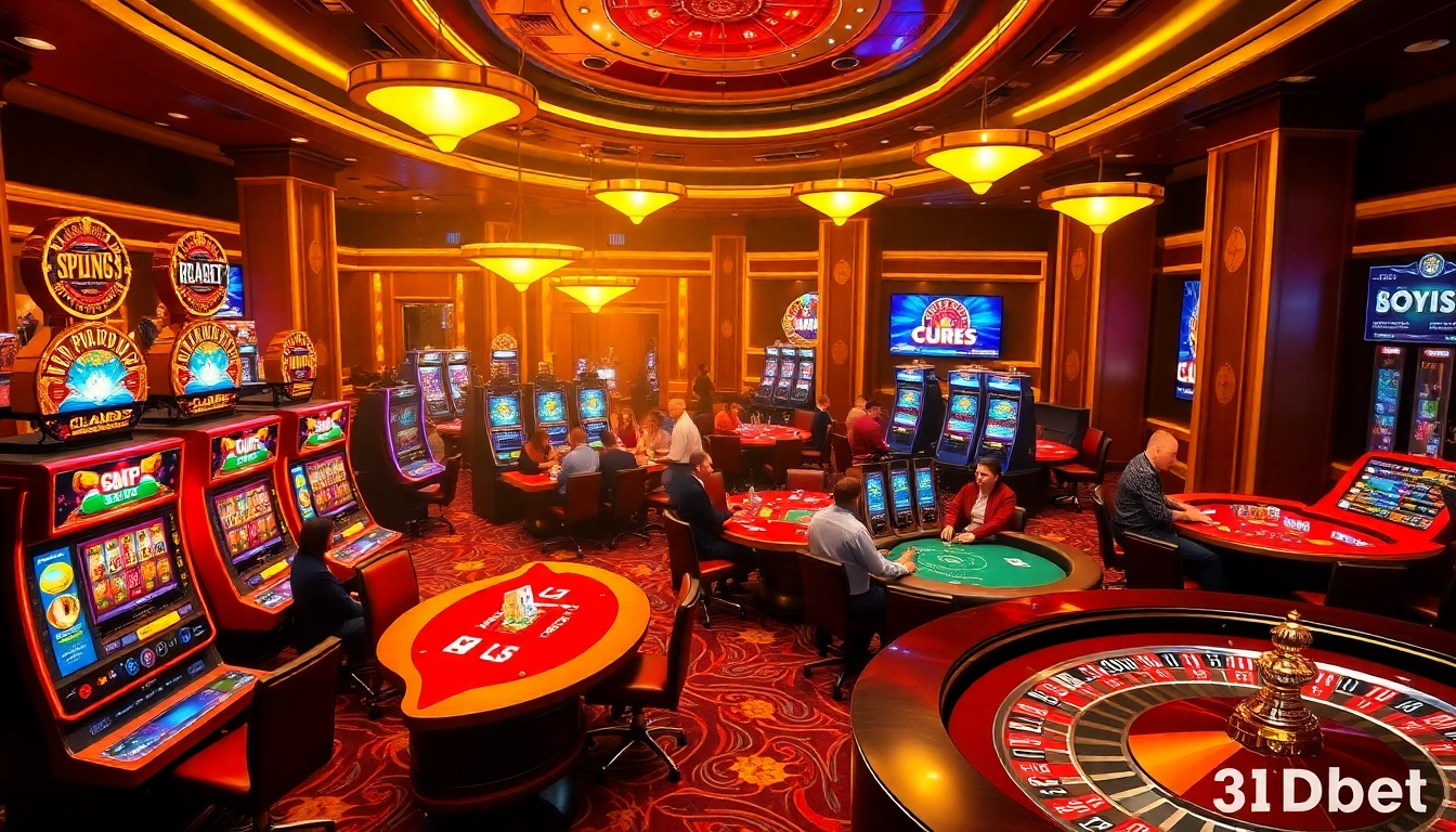 Engaging casino scene showcasing 3Dbet gaming excitement with vibrant slot machines and poker tables.