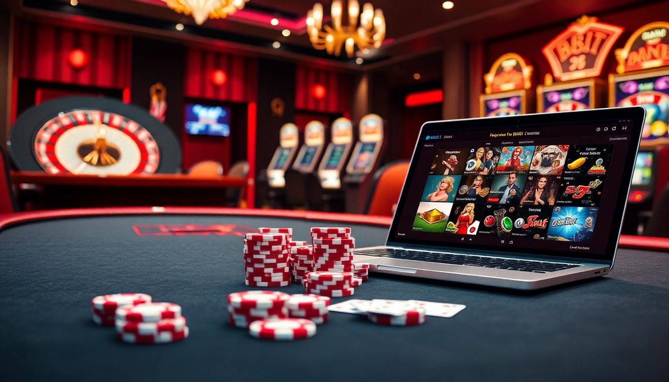 Engaging online gambling scene at mb66-t.com featuring poker chips and cards on a luxurious table.