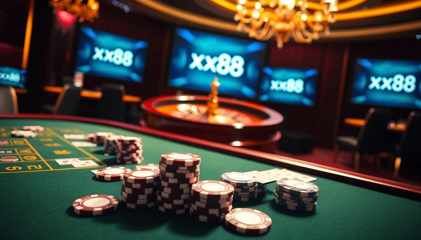 Experience thrilling games at xx88 with vibrant casino visuals of poker and roulette action.