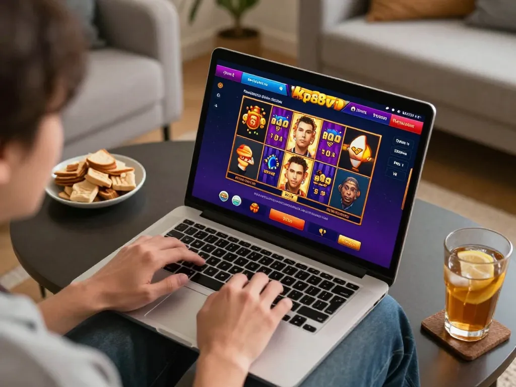 Engaging in online gaming on kp88vip casino platform with vibrant slots and cozy home setting.