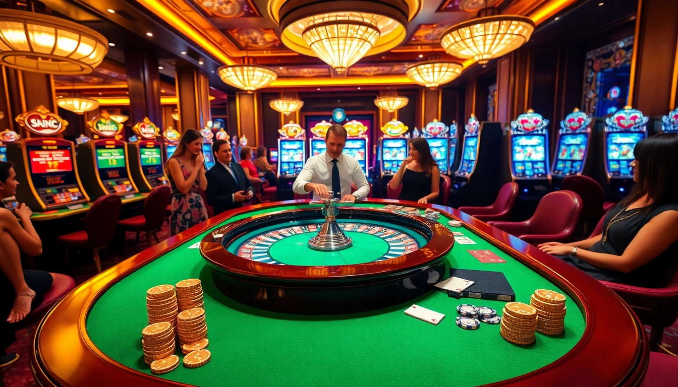 Engage with the excitement of link sepuhplay as players enjoy a live roulette table in a luxurious casino atmosphere.