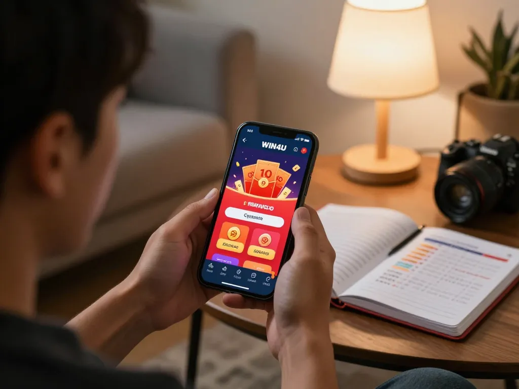 Player claiming exciting promotions on the W4U mobile app in a cozy home setting.