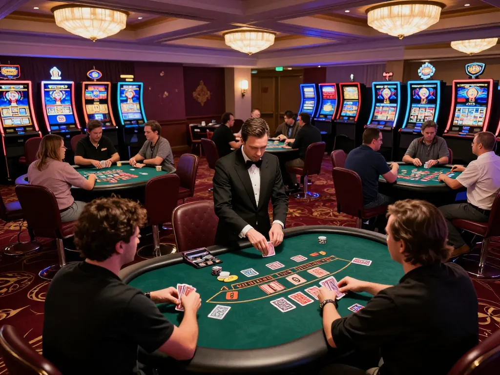KJC players enjoying intense card games at a vibrant casino floor with excitement and luxury