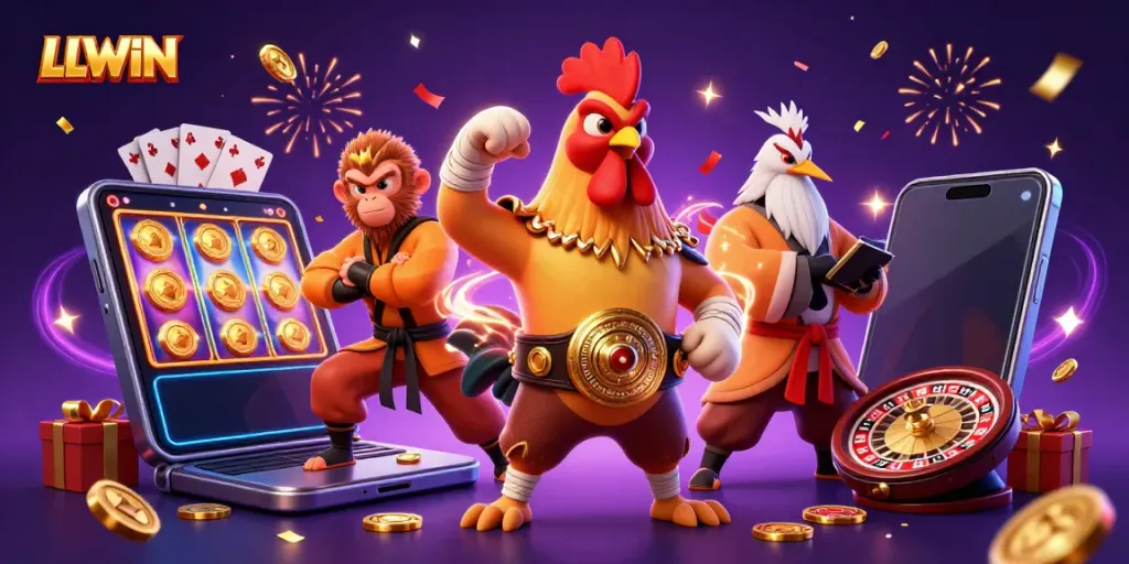 LLWIN features a Muay Thai rooster, martial artist monkey, and wise crane amidst vibrant casino elements.