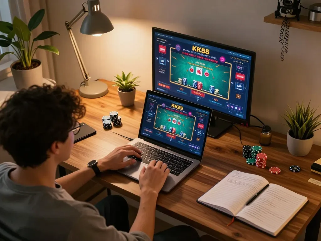 Enjoying live dealer blackjack on the KK55 platform in a stylish home office setup