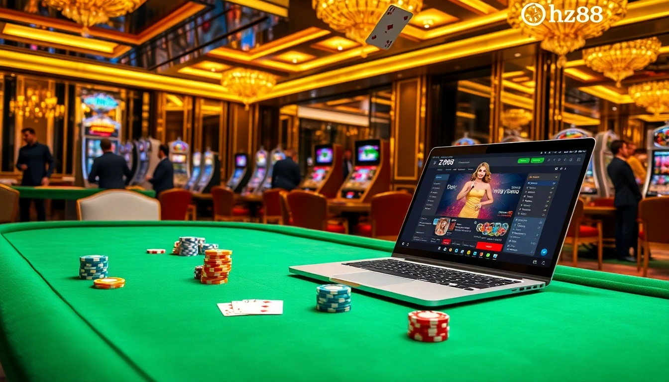 hz88 online poker chips and digital roulette wheel smartly placed on casino table for winning bets