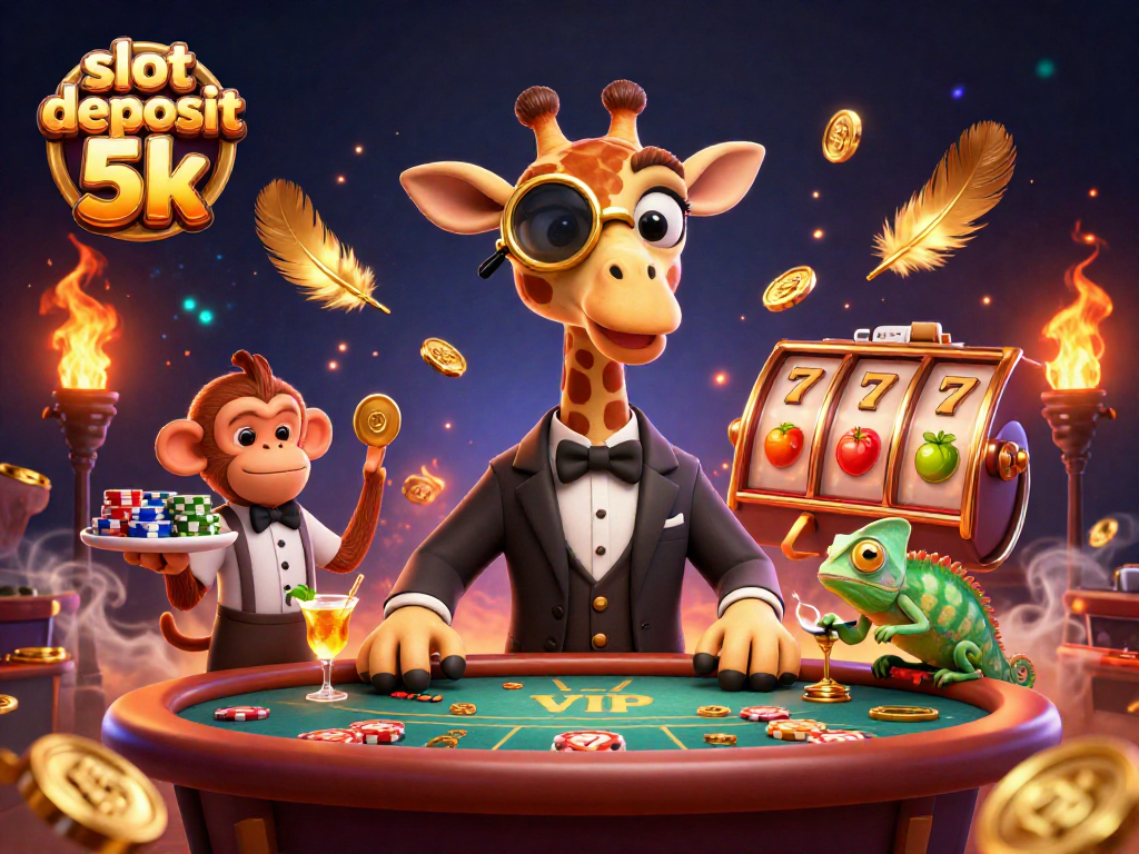 Experience winning with slot deposit 5k as our whimsical giraffe and friends celebrate in this vibrant casino scene.