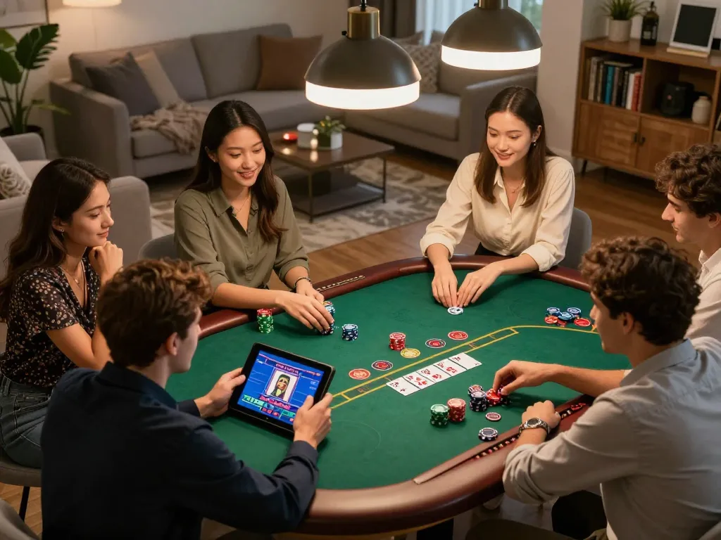 Luck8 players enjoying a dynamic online poker game on a tablet, set in a cozy home environment, illustrating interactive gambling experience.