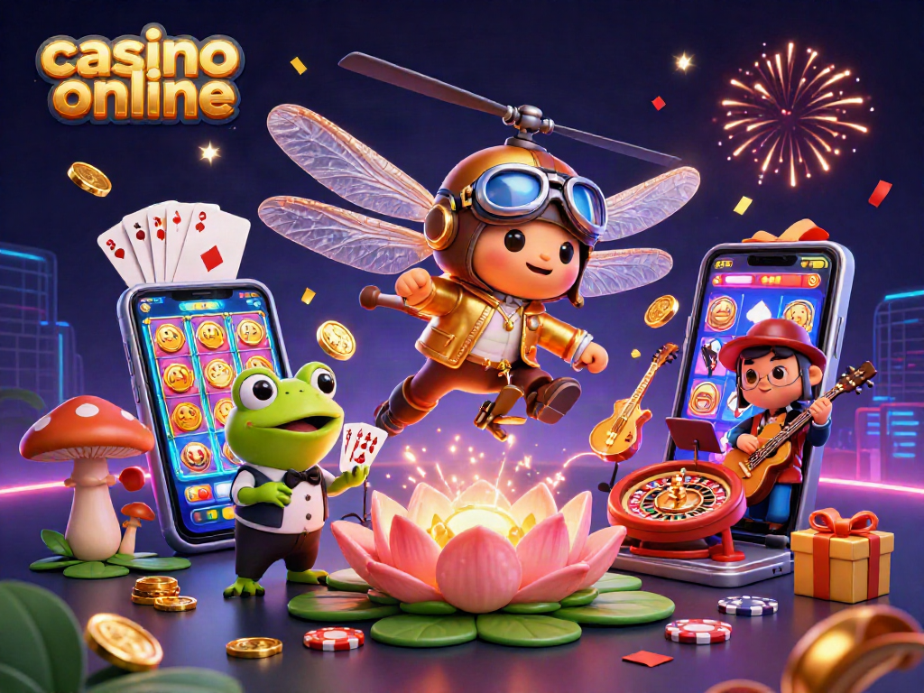 Engaging scene of a frog croupier and a dragonfly pilot in a casino online setting, celebrating with cards and coins.