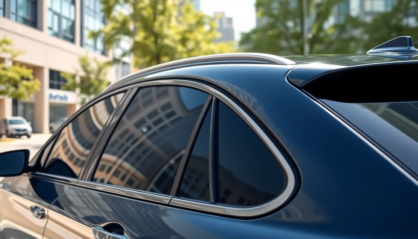 Enhance your ride with stylish window tint near me, showcasing a gleaming car and its protective features.
