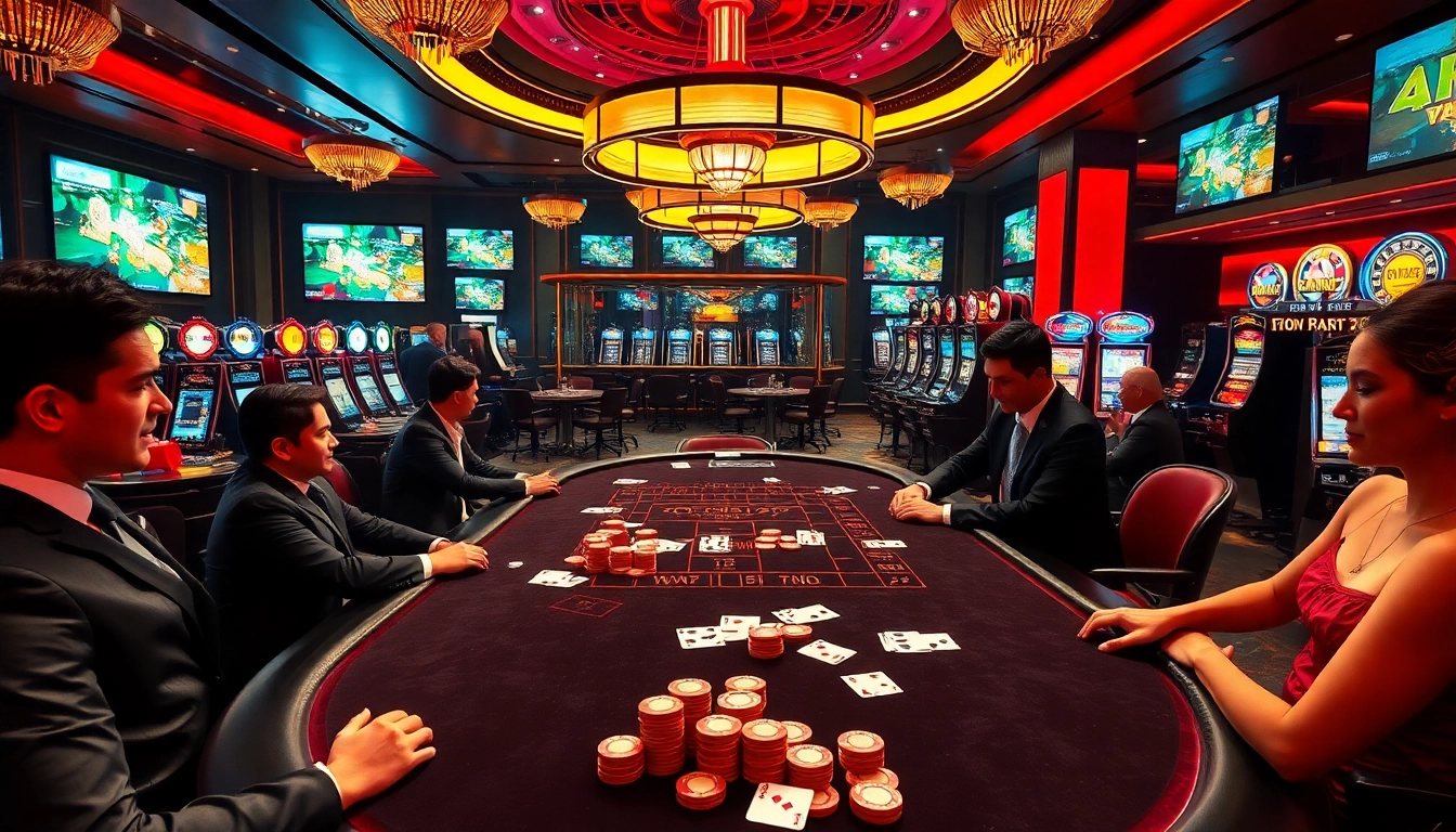 Experience thrilling gameplay at dh88.com with an elegant poker scene showcasing high stakes and vibrant casino ambiance.