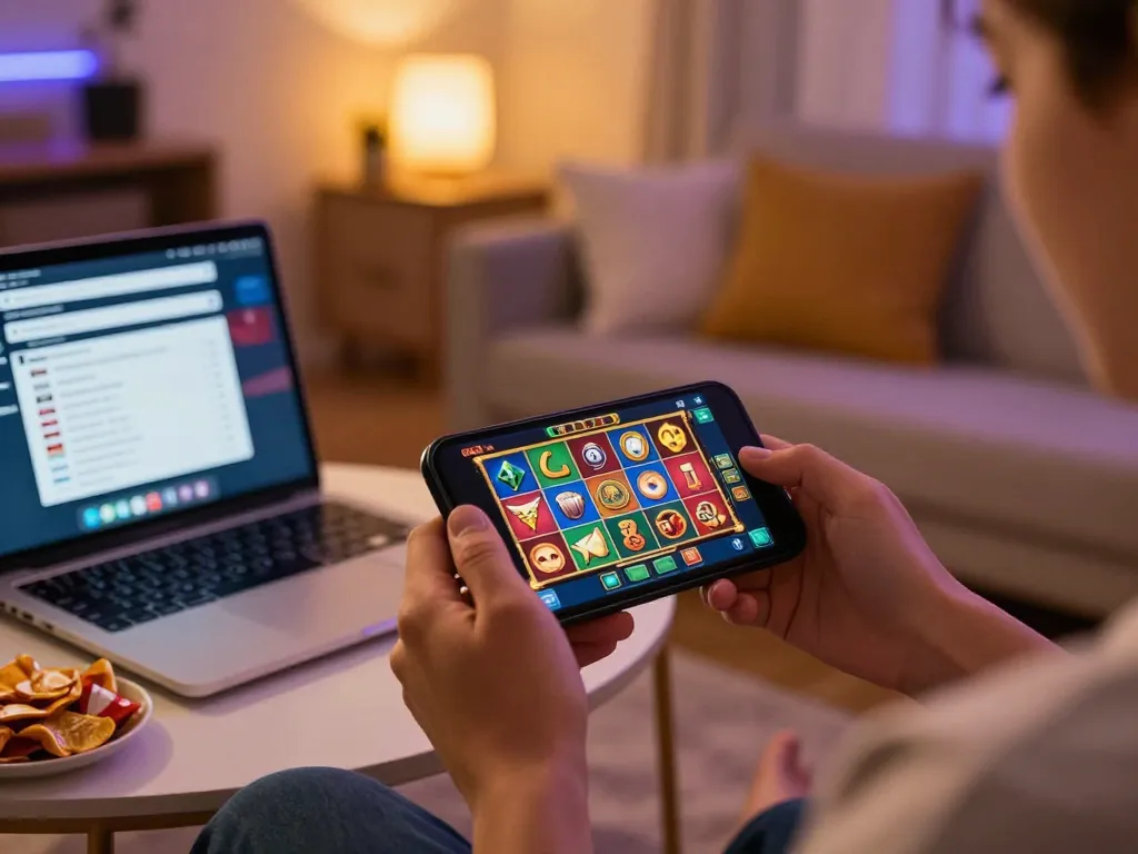 Player engaging with a slot game on a smartphone, showcasing vibrant icons and cozy home setting.