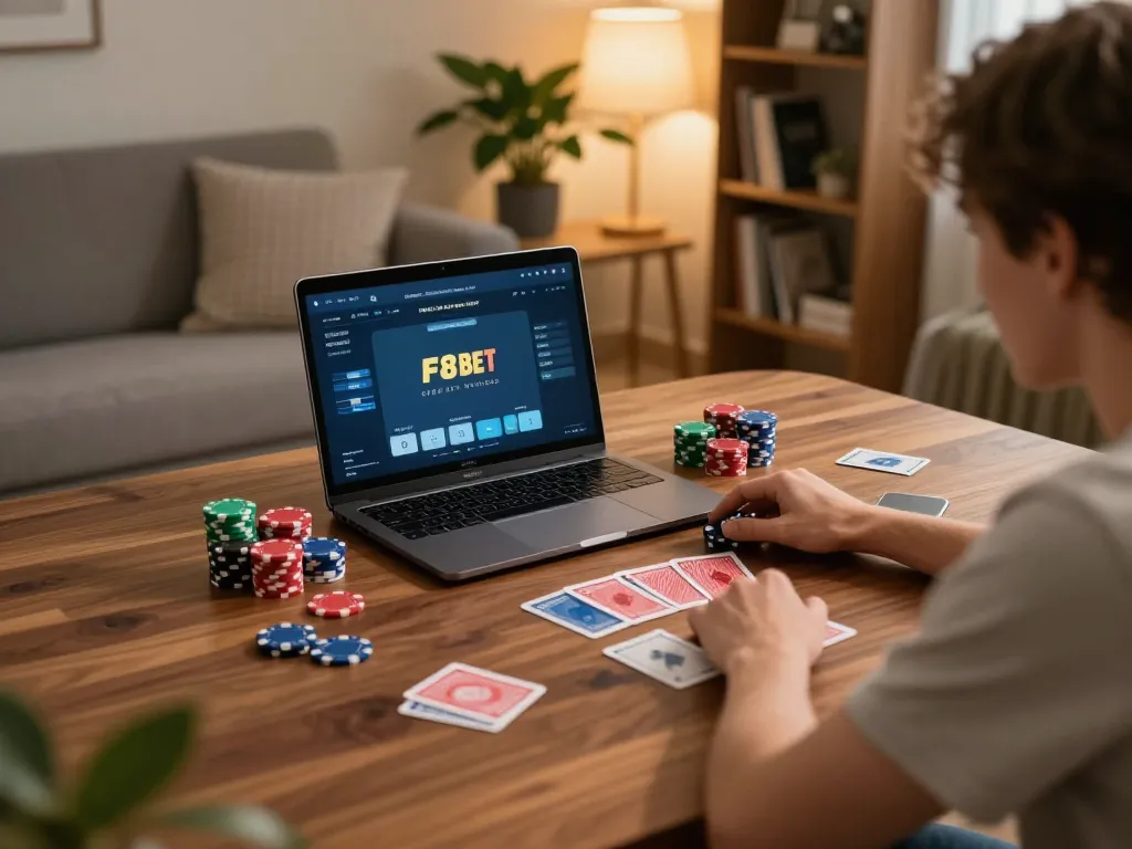 Engaging poker gameplay on F8BET's online platform during a cozy home evening.