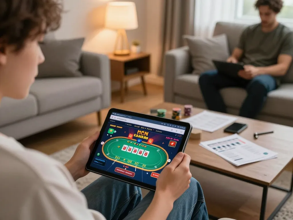 Engaging with a non Gamstop poker game on a tablet in a cozy home setting.