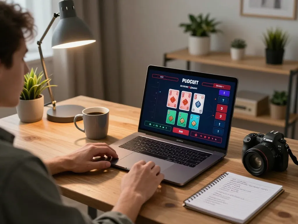 Player engaging with gem88 online casino app on a laptop in a cozy home setup, showcasing responsible gaming.