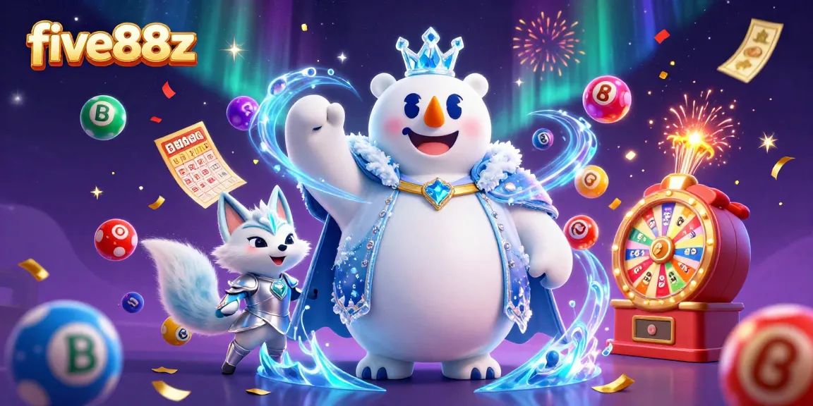 Win big with five88z in this vibrant 3D lottery-themed digital scene featuring dynamic game elements.