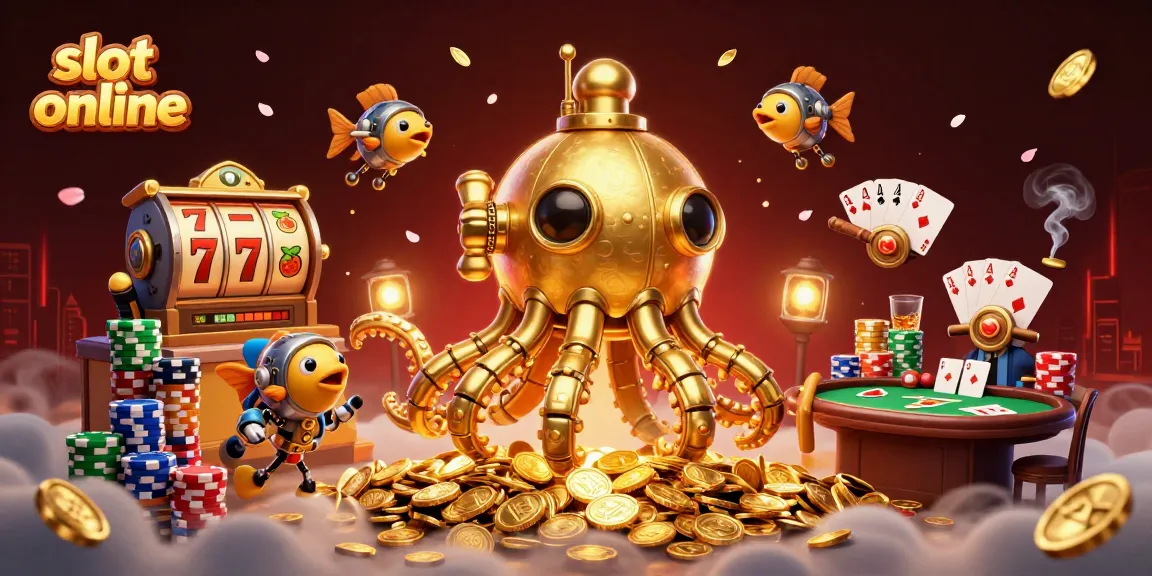 Menggali slot online dengan perangkat interaktif, perahu dengan tentakel, dan tumpukan chip poker berwarna-warni.