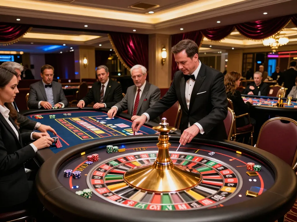 Players engaging in thrilling roulette gameplay at 88vv casino, dynamic action illuminated with vibrant lighting