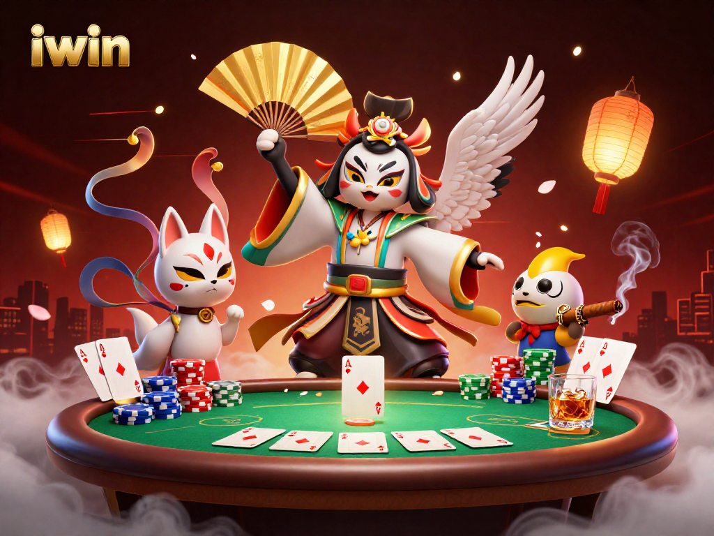 Experience iwin with an action-packed poker scene featuring vibrant characters and casino elements.