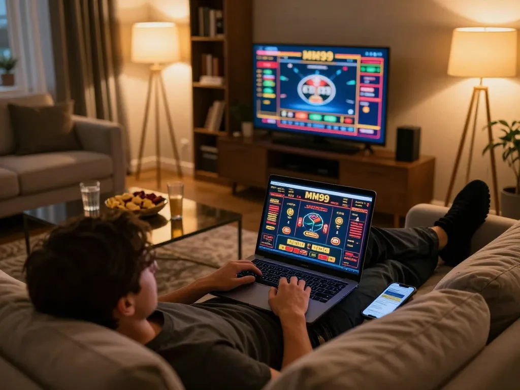 Playing casino games on MM99 COM online gaming platform from a cozy living room setup