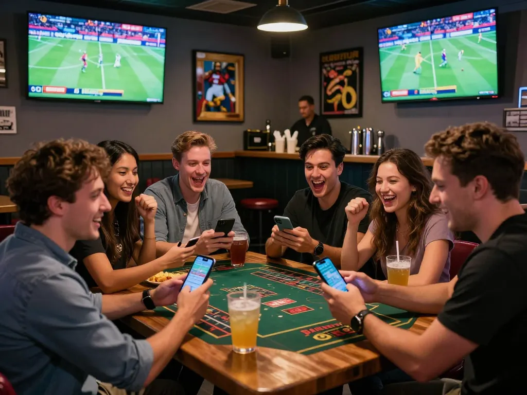 Friends enjoying SBOBET betting experience in a vibrant sports bar atmosphere