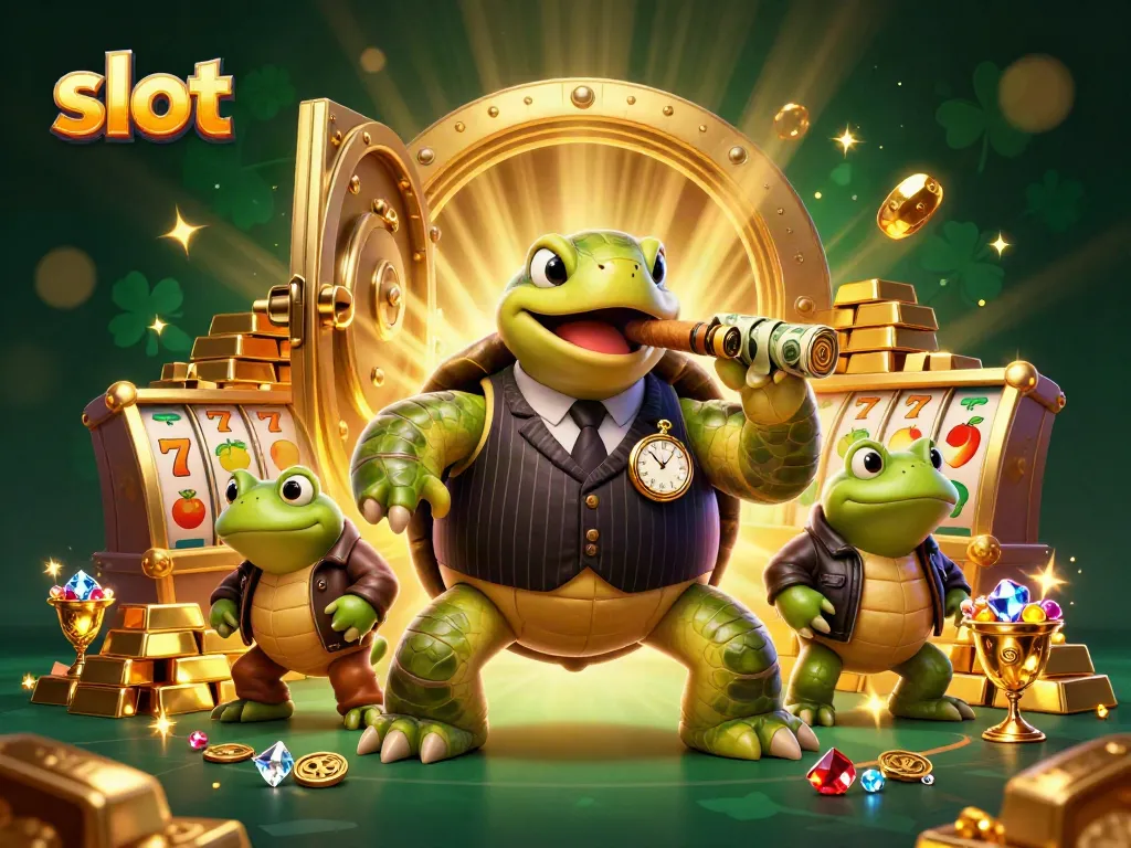 Slot menghibur dengan karakter kura-kura gangster dan simbol judi berkilau.