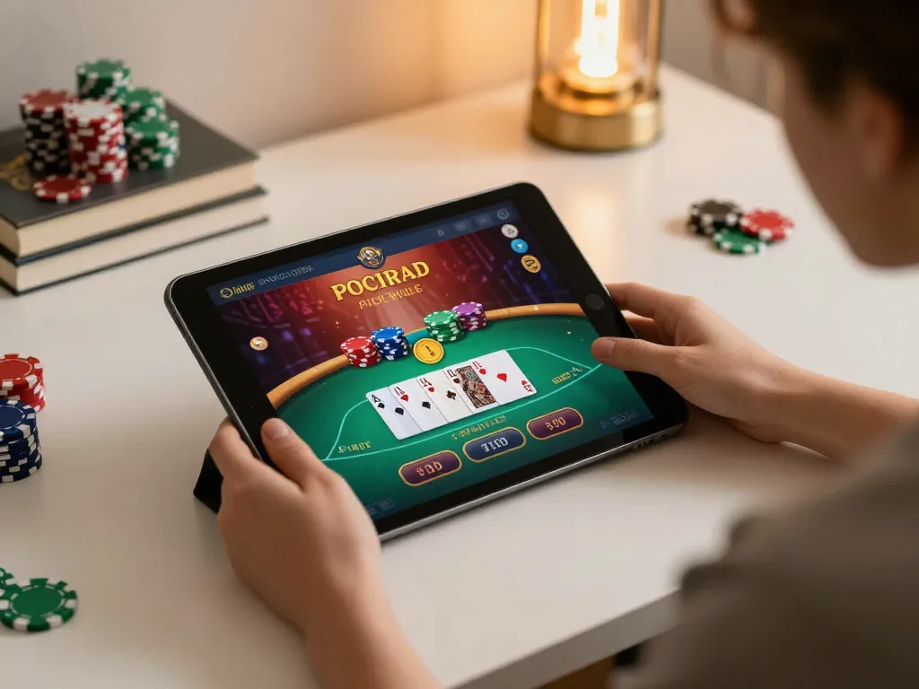 Engaging online casino gaming setup with RR88 on tablet showcasing vibrant poker gameplay.