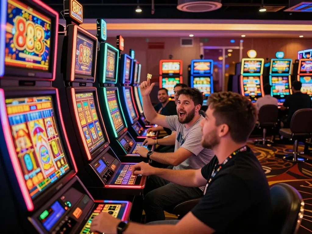Players enjoying large payouts at 88 slot machines in a lively casino atmosphere.
