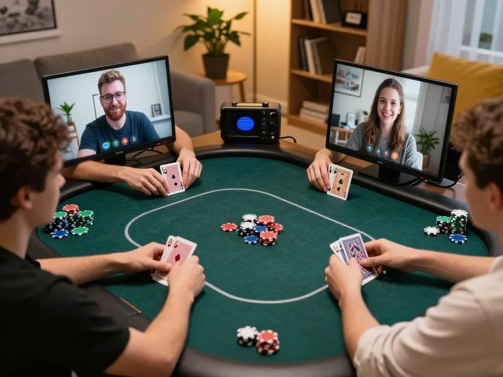 Players engaging in a lively online poker game at MMOO, showcasing social interaction and strategy.