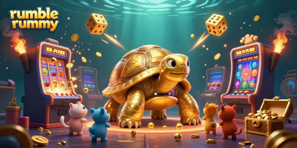 Experience the thrill of Rumble Rummy with a golden tortoise pinball machine amidst dazzling casino symbols.