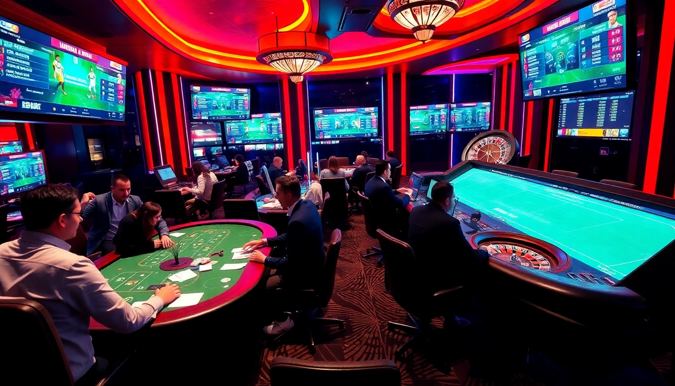 Experience the thrill of Judi Bola with vibrant sports betting tables and excited gamblers.