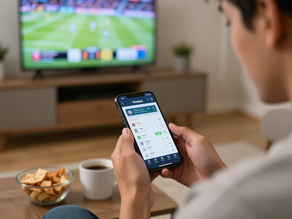 Live sports betting with Nowgoal app displayed on smartphone in a cozy home setting.