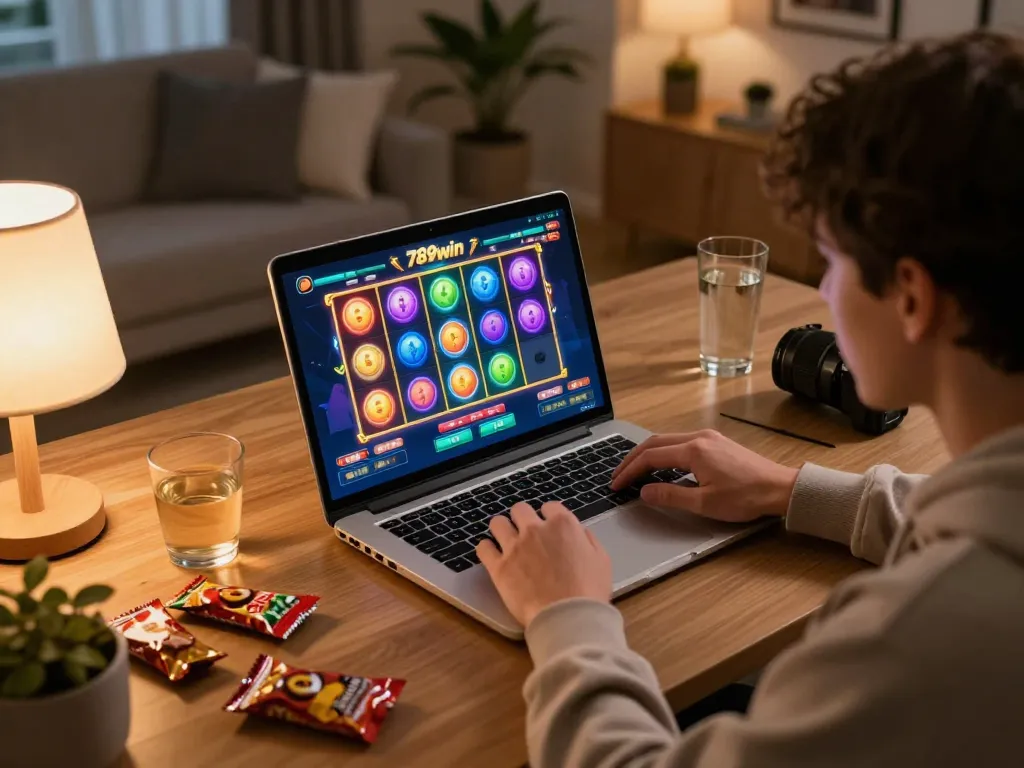 Engaging gameplay on the 789win app with vibrant slot reels spinning on a laptop.