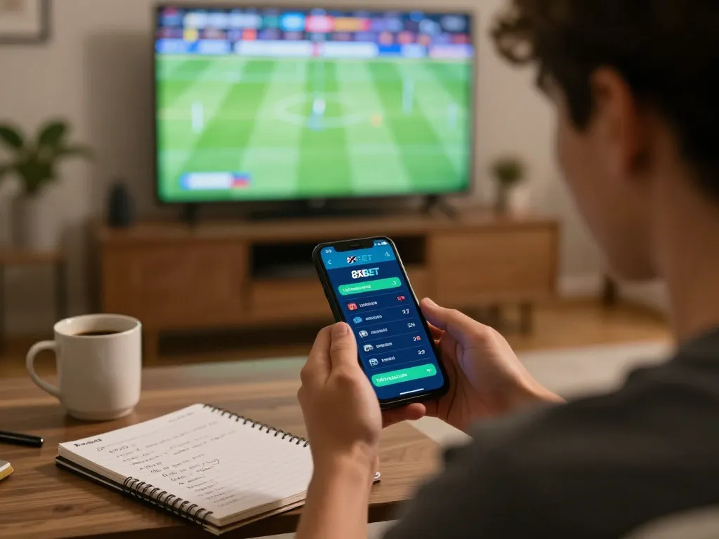 Player engaging in live sports betting on the 8xbet app, showcasing real-time odds and a competitive home atmosphere.