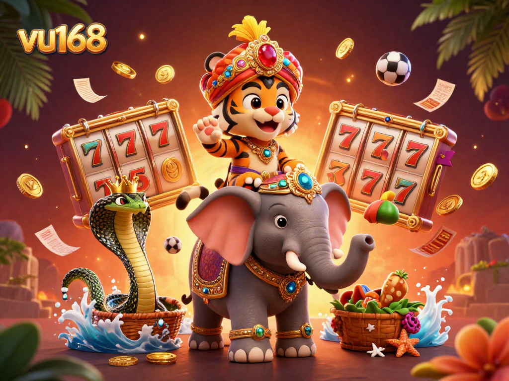 Experience the excitement of casino gaming with vu168 featuring a vibrant illustration of a maharaja tiger and elephant.