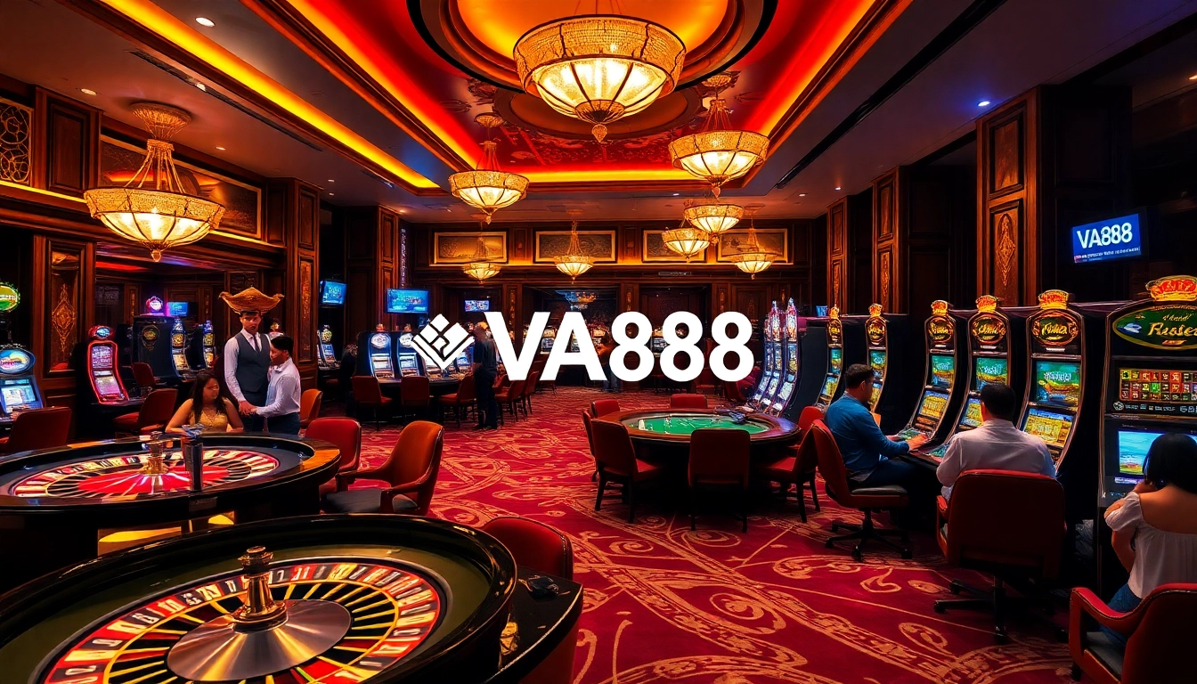 VA88 casino scene showcasing luxury gaming experiences with players at poker tables and slot machines.