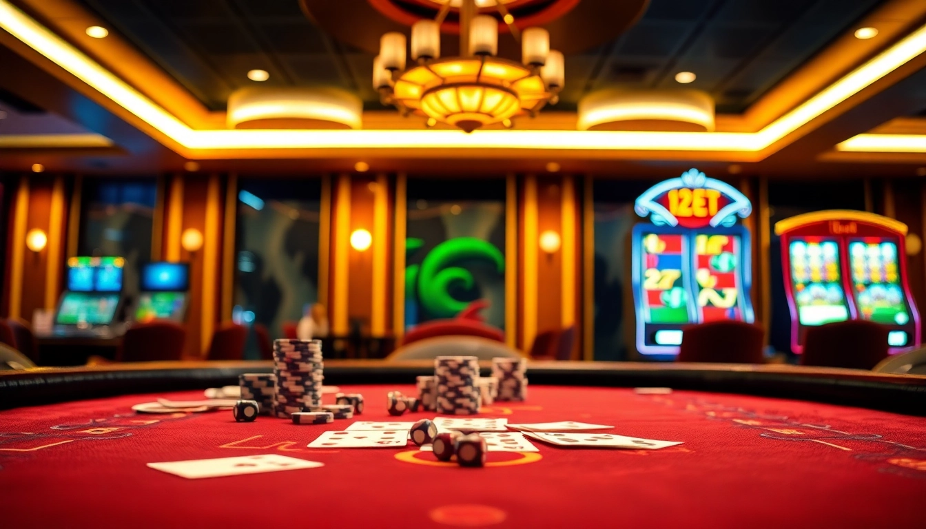 Players engaging with vibrant 12BET casino tables and modern slot machines for an exciting experience.