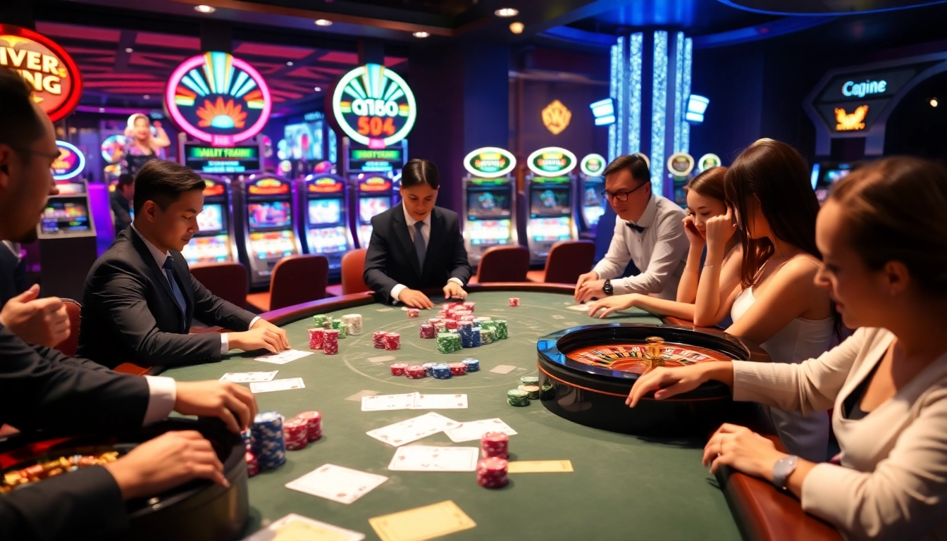 Players at QH88 casino enjoying a thrilling game at the table with vibrant poker chips.