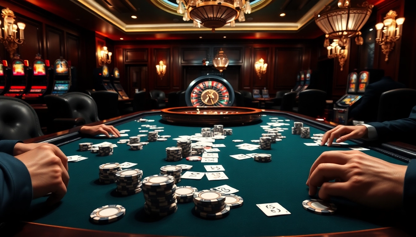 The hidden wiki site showcases a vibrant casino ambiance with poker players and roulette wheel action.