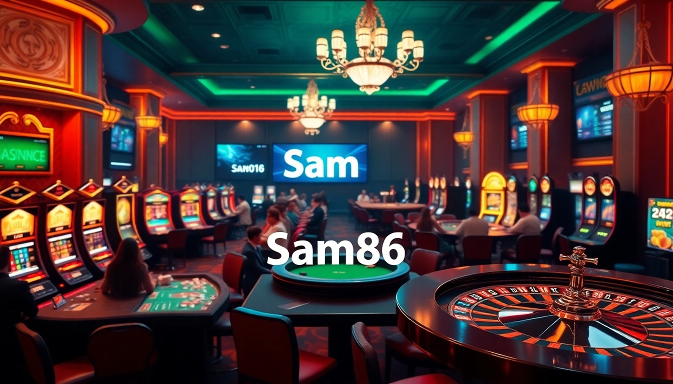 Players enjoying a vibrant gaming experience at Sam86 with poker chips and roulette wheels.