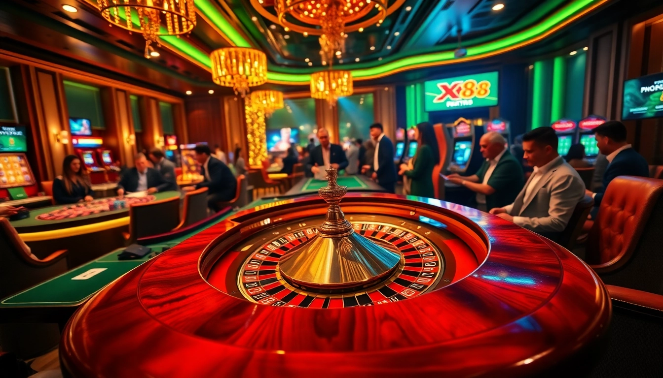 Players enjoy high-stakes action at a luxurious XX88 casino table filled with chips and cards.
