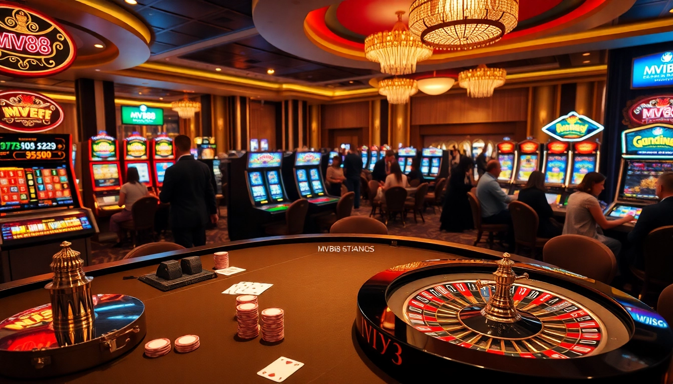 Experience thrilling gameplay at MV88 with vibrant casino visuals showcasing poker and roulette.