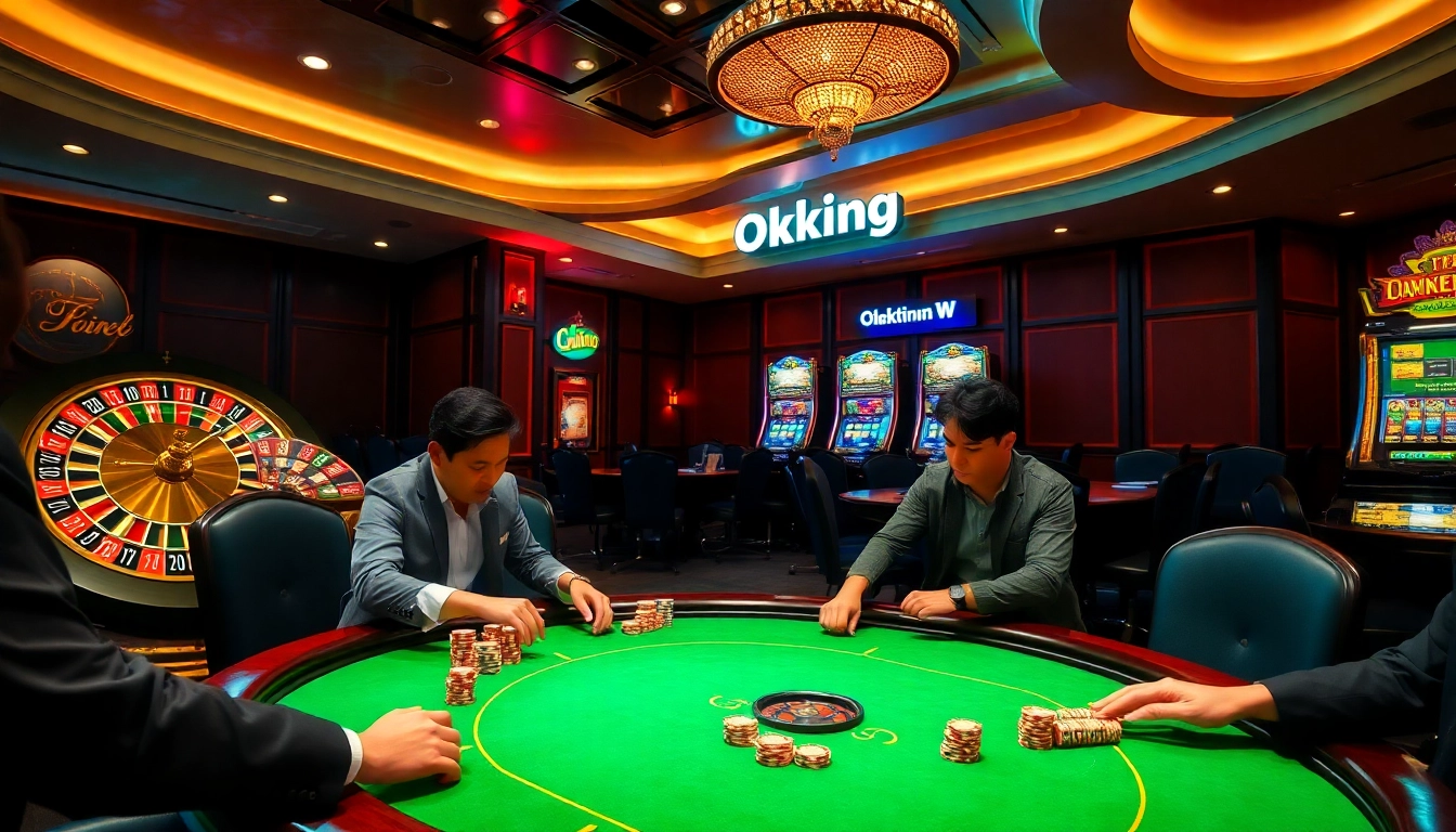 Okking poker players strategizing at a glamorous casino table with colorful chips.