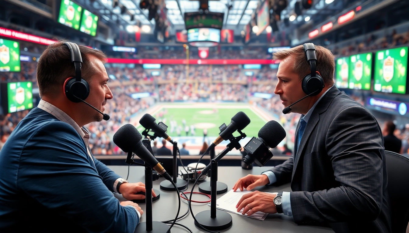 Sports Broadcasting team engaged in live coverage with vibrant studio backdrop.