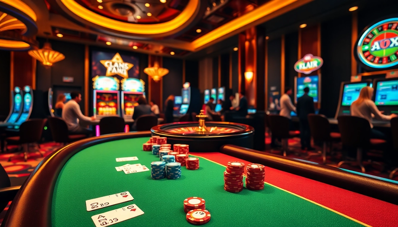 Experience the excitement of Nc88 in a luxurious casino atmosphere with poker tables and slot machines.
